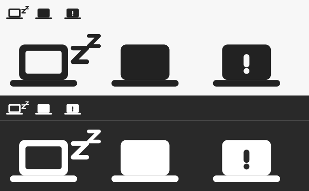 The three menu bar icon states shown on light and dark menu bars.