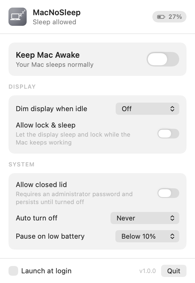 The MacNoSleep menu bar panel, showing the keep awake switch, display options and system options.